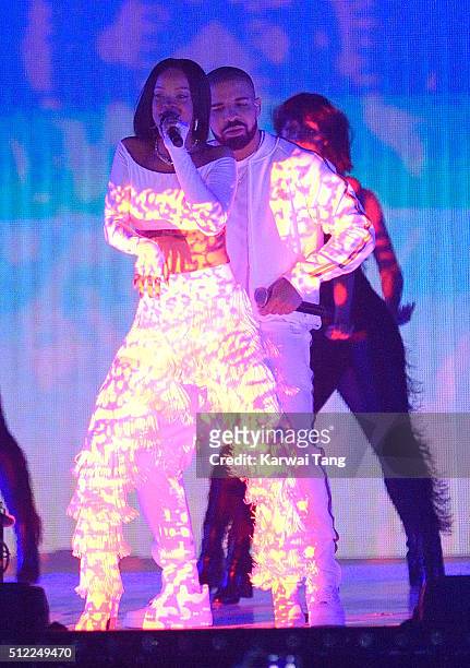 Rihanna and Drake perform on stage at the BRIT Awards 2016 at The O2 Arena on February 24, 2016 in London, England.