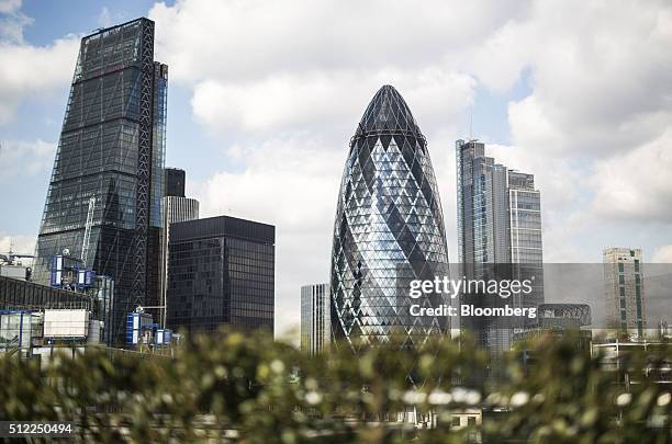 Skyscrapers including the Leadenhall building, also known as the Cheesegrater, left, and 30 St Mary Axe, also known as the Gherkin, center, and the...