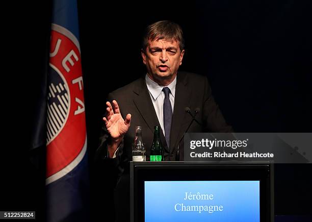 Presidential candidate Jerome Champagne addresses the UEFA XI Extraordinary Congress at the Swissotel on February 25, 2016 in Zurich, Switzerland....