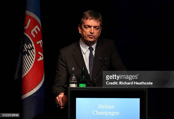 Presidential candidate Jerome Champagne addresses the UEFA XI Extraordinary Congress at the Swissotel on February 25, 2016 in Zurich, Switzerland....