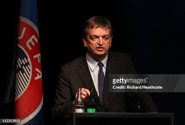 Presidential candidate Jerome Champagne addresses the UEFA XI Extraordinary Congress at the Swissotel on February 25, 2016 in Zurich, Switzerland....