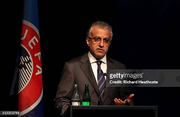 Presidential candidate Sheikh Salman Bin Ebrahim Al Khalifa of Bahrain addresses the UEFA XI Extraordinary Congress at the Swissotel on February 25,...