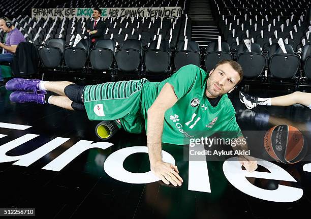 Manuchar Markoishvili, #11 of Darussafaka Dogus Istanbul warms-up prior to the 2015-2016 Turkish Airlines Euroleague Basketball Top 16 Round 8 game...