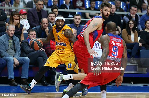 Tyrese Rice, #0 of Khimki Moscow Region competes with Aaron Jackson, #9 and Joel Freeland, #19 of CSKA Moscow in action during the 2015-2016 Turkish...