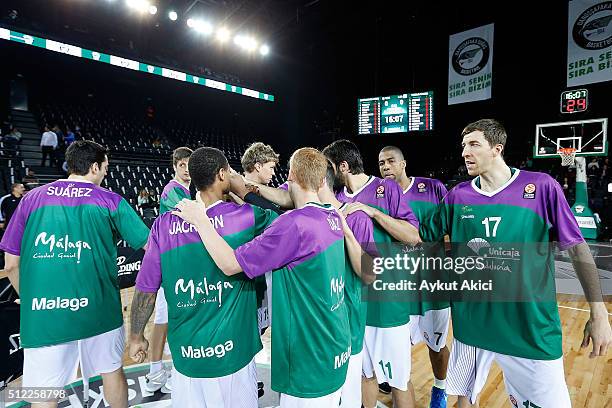 Players of Unicaja Malaga warms-up prior to the 2015-2016 Turkish Airlines Euroleague Basketball Top 16 Round 8 game between Darussafaka Dogus...