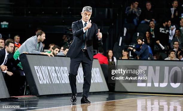 Oktay Mahmuti, Head Coach of Darussafaka Dogus Istanbul gestures during the 2015-2016 Turkish Airlines Euroleague Basketball Top 16 Round 8 game...