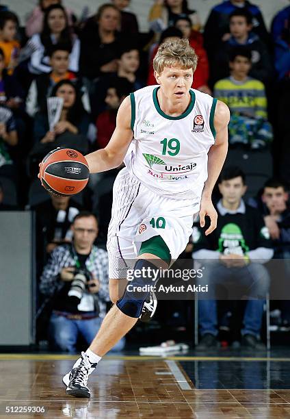 Mindaugas Kuzminskas, #19 of Unicaja Malaga in action during the 2015-2016 Turkish Airlines Euroleague Basketball Top 16 Round 8 game between...