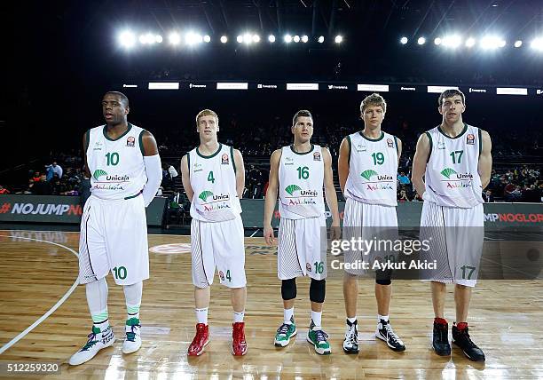Unicaja Malaga players during the Tip off ceremony during the 2015-2016 Turkish Airlines Euroleague Basketball Top 16 Round 8 game between...