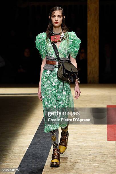 Model walks the runway at the Prada during Milan Fashion Week Fall/Winter 2016/17 on February 25, 2016 in Milan, Italy.