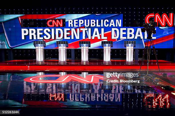 Podiums sit on the stage in the debate hall ahead of the Republican presidential primary candidate debate sponsored by CNN and Telemundo at the...