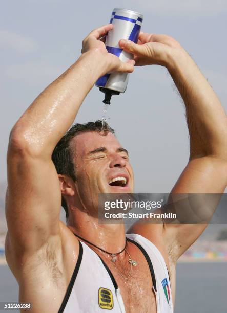 Antonio Rossi of Italy celebrates winning the silver medal in the men's K-2 class 1,000 metre final on August 27, 2004 during the Athens 2004 Summer...
