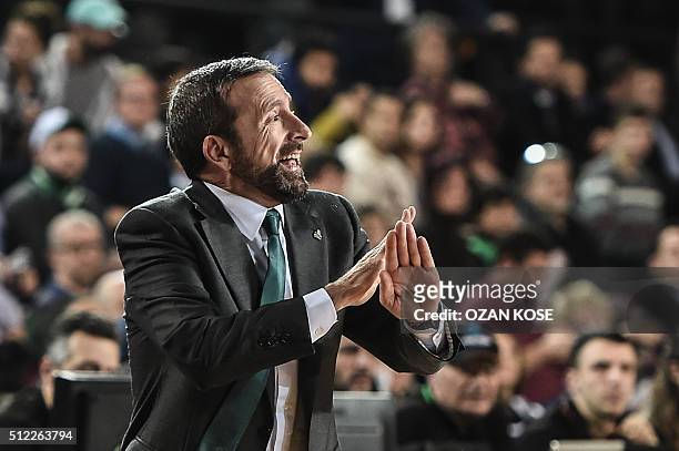 Unicaja Malaga's head coach Joan Plaza gestures during the Euroleague Top 16 basketball match between Darussafaka Dogus Istanbul and Unicaja Malaga...