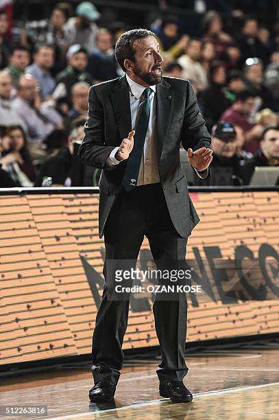 Unicaja Malaga's head coach Joan Plaza gestures during the Euroleague Top 16 basketball match between Darussafaka Dogus Istanbul and Unicaja Malaga...