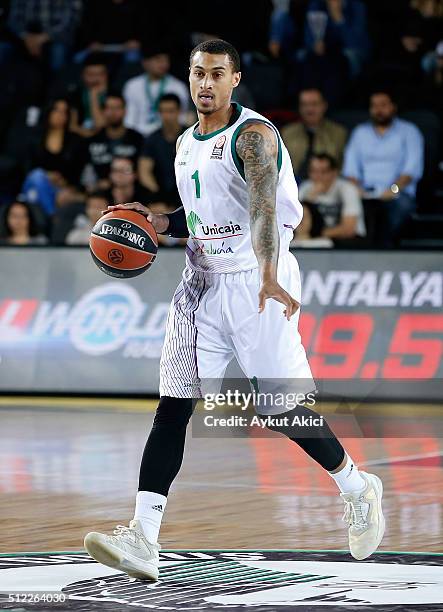 Edwin Jackson, #1 of Unicaja Malaga in action during the 2015-2016 Turkish Airlines Euroleague Basketball Top 16 Round 8 game between Darussafaka...