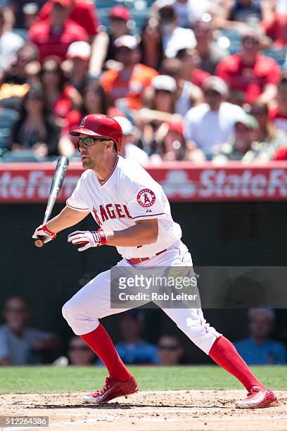 David Murphy of the Los Angeles Angels bats during the game against the Baltimore Orioles at Angel Stadium on Sunday, August 9, 2015 in Anaheim,...