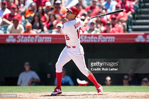 David Murphy of the Los Angeles Angels bats during the game against the Baltimore Orioles at Angel Stadium on Sunday, August 9, 2015 in Anaheim,...