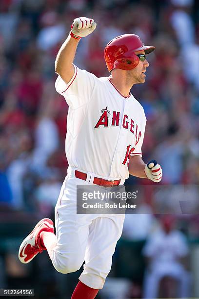David Murphy of the Los Angeles Angels hits a walk off single to defeat the Baltimore Orioles at Angel Stadium on Sunday, August 9, 2015 in Anaheim,...