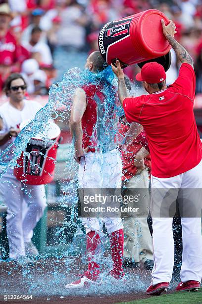 David Murphy of the Los Angeles Angels receives a gatorade shower after getting the game wining hit to defeat the Baltimore Orioles at Angel Stadium...