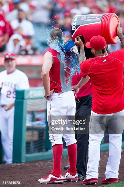 David Murphy of the Los Angeles Angels receives a gatorade shower after getting the game wining hit to defeat the Baltimore Orioles at Angel Stadium...