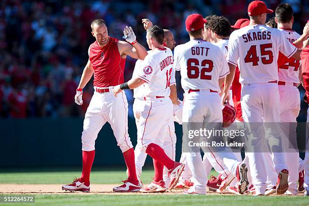 David Murphy of the Los Angeles Angels celebrates with teammates after defeating the game against the Baltimore Orioles at Angel Stadium on Sunday,...