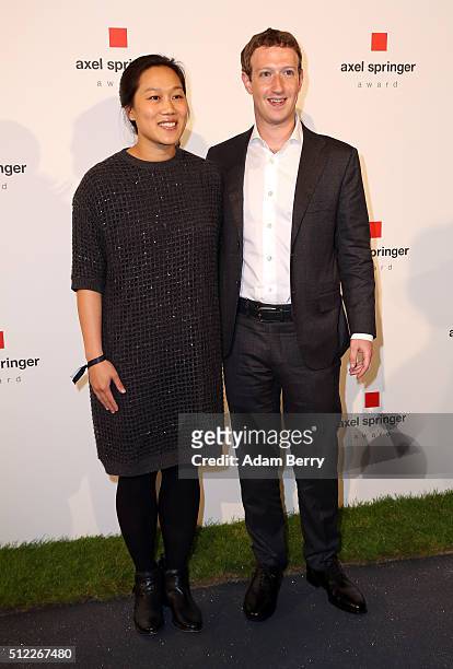 Mark Zuckerberg and Priscilla Chan arrive for the presentation of the first Axel Springer Award on February 25, 2016 in Berlin, Germany.