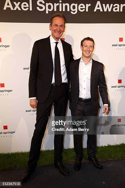 Mathias Doepfner and Mark Zuckerberg arrive for the presentation of the first Axel Springer Award on February 25, 2016 in Berlin, Germany.
