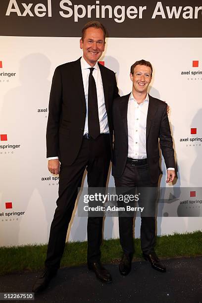 Mathias Doepfner and Mark Zuckerberg arrive for the presentation of the first Axel Springer Award on February 25, 2016 in Berlin, Germany.