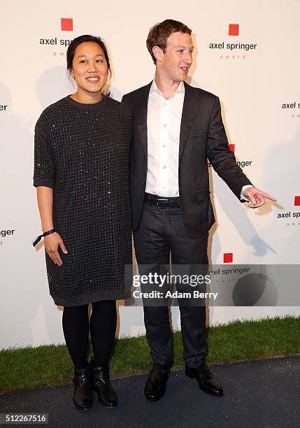 Mark Zuckerberg and Priscilla Chan arrive for the presentation of the first Axel Springer Award on February 25, 2016 in Berlin, Germany.