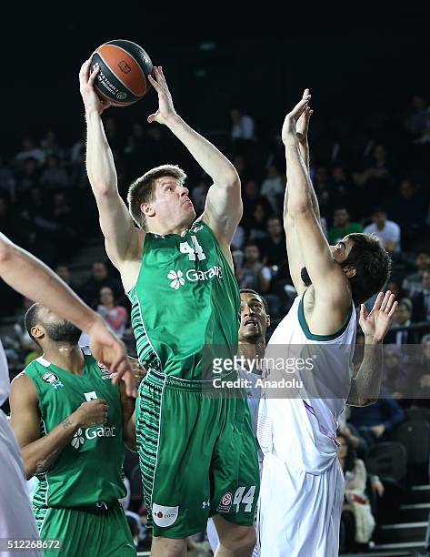 Luke Harangody of Darussafaka Dogus in action against Daniel Diez of Unicaja Malaga during Turkish Airlines Euroleague Top 16 Round 8 Basketball...