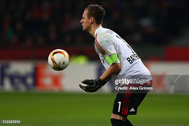 Goalkeeper Bernd Leno of Leverkusen catches the ball during the UEFA Europa League round of 32 second leg match between Bayer Leverkusen and Sporting...