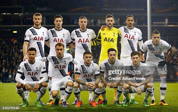 Tottenham Hotspur players line up for the team photos prior to the UEFA Europa League round of 32 second leg match between Tottenham Hotspur and...