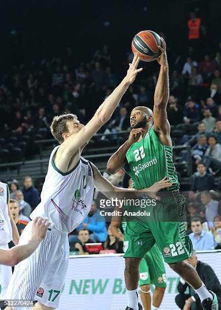 Jamon Gordon of Darussafaka Dogus in action against Fran Vazquez of Unicaja Malaga during Turkish Airlines Euroleague Top 16 Round 8 Basketball match...