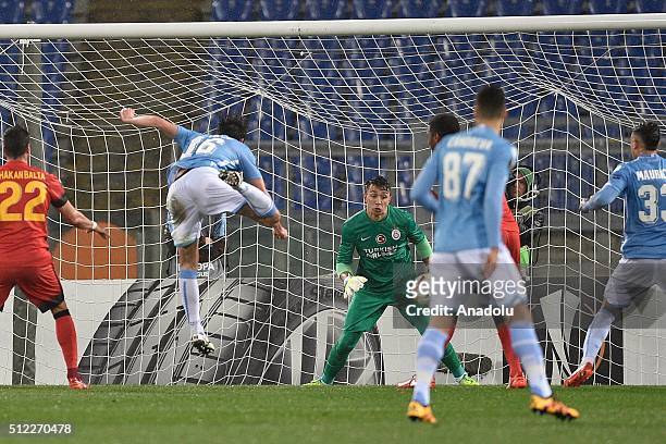Lazio's Marco Parolo scores during the UEFA Europa League, Round of 32 second leg match between SK Galatasaray and SS Lazio at Stadio Olimpico in...