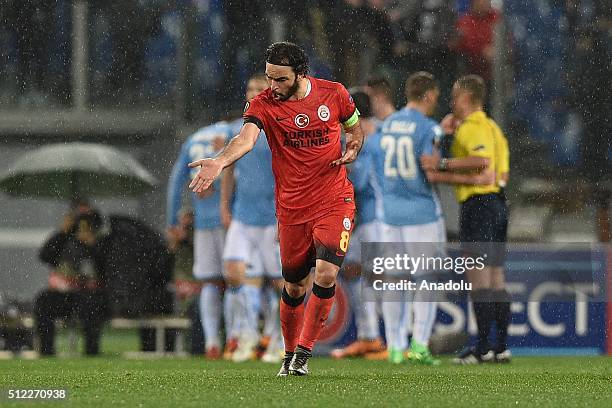 Galatasaray's Selcuk Inan gestures during the UEFA Europa League, Round of 32 second leg match between SK Galatasaray and SS Lazio at Stadio Olimpico...