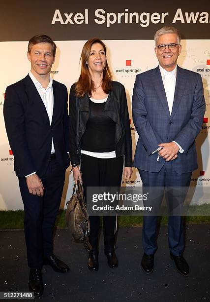 Frank Briegmann, Christiane zu Salm and Thomas Bellut arrive for the presentation of the first Axel Springer Award on February 25, 2016 in Berlin,...