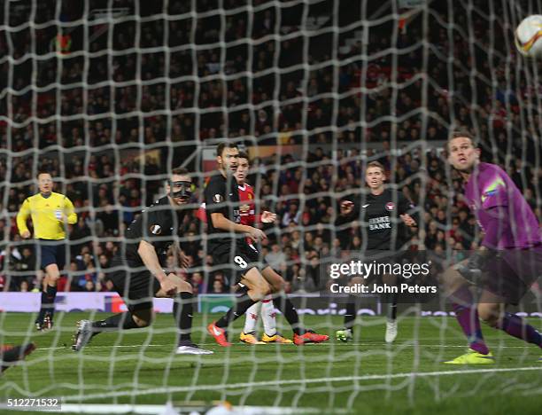 Nikolay Bodurov of FC Midtjylland scores an own-goal during the UEFA Europa League match between Manchester United and FC Midtjylland at Old Trafford...