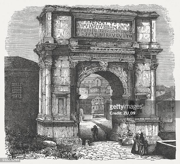 arch of titus in rome, wood engraving, published in 1864 - arch of titus stock illustrations