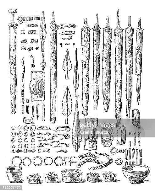 antique illustration of gallic weapons and other artifacts - archaeology pottery stock illustrations