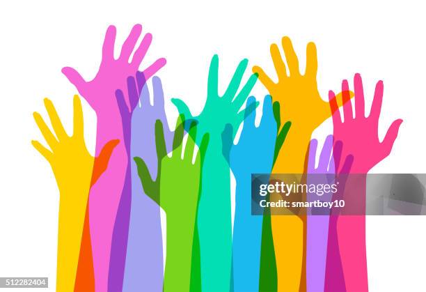 hands raised high - diversity concepts stock illustrations