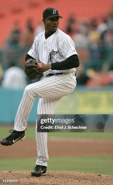 Guillermo Mota of the Florida Marlins throws against the Milwaukee Brewers during the game on August 8, 2004 at Pro Player Stadium in Miami, Florida....