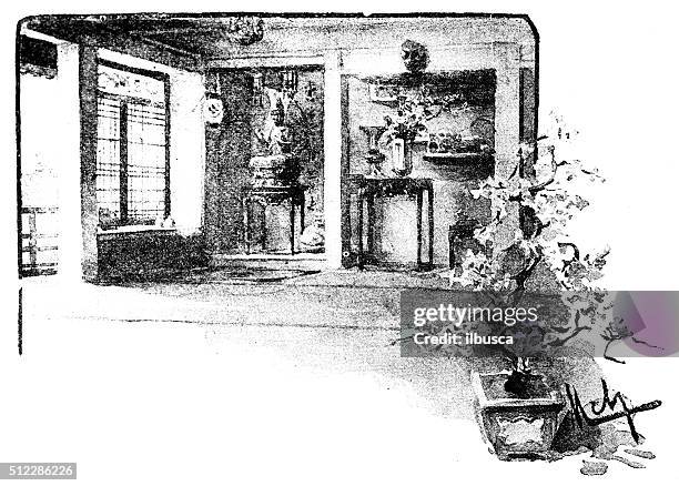 ilustrações de stock, clip art, desenhos animados e ícones de antigo dotprinted aguarela ilustração de japão : interior de casa - bonsai