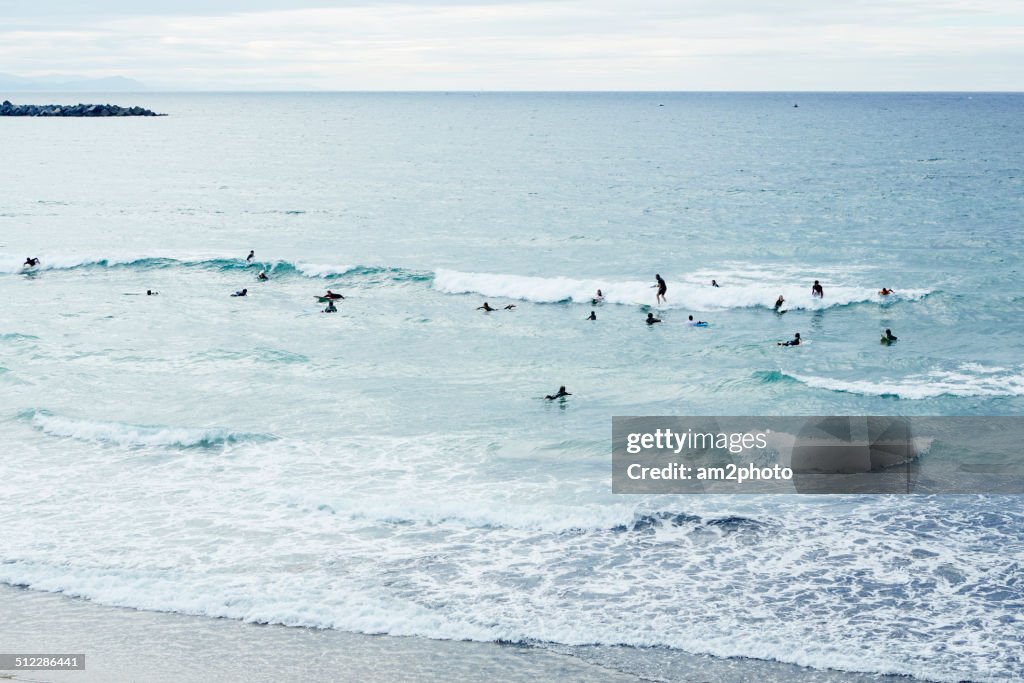 Group of surfers waiting to catch a wave