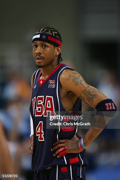 Allen Iverson of United States stands on the court during the men's basketball semifinal game against Argentina on August 27, 2004 during the Athens...