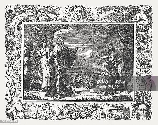 tempest by william shakespeare, wood engraving, published in 1838 - prospero stock illustrations