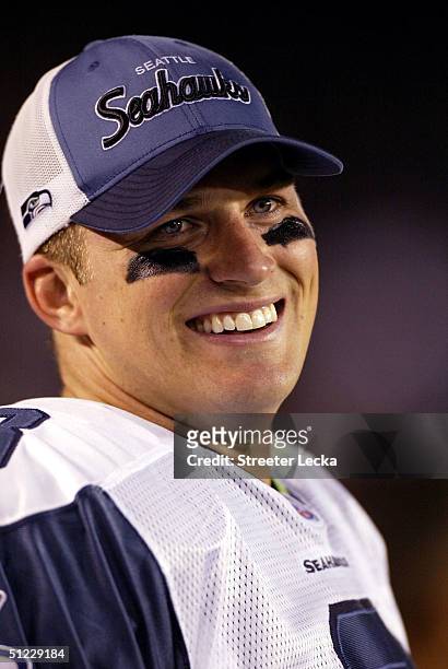 Matt Hasselbeck of the Seattle Seahawks smiles during their preseason game against the San Diego Chargers on August 27, 2004 at Qualcomm Stadium in...