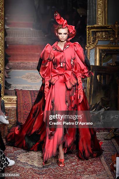 Model walks the runway at the Moschino fashion show during Milan Fashion Week Fall/Winter 2016/17 on February 25, 2016 in Milan, Italy.