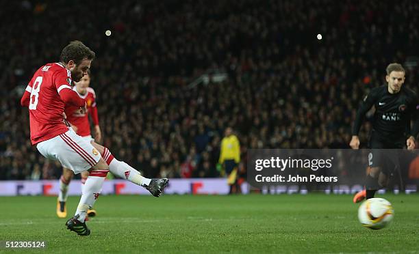 Juan Mata of Manchester United has a penalty saved during the UEFA Europa League match between Manchester United and FC Midtjylland at Old Trafford...