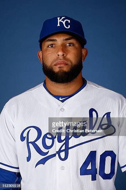 Pitcher Kelvin Herrera of the Kansas City Royals poses for a portrait during spring training photo day at Surprise Stadium on February 25, 2016 in...