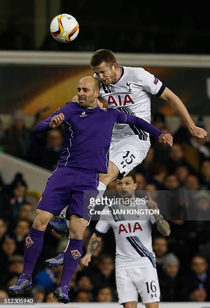Tottenham Hotspur's English defender Eric Dier vies with Fiorentina's Spanish midfielder Borja Valero during the UEFA Europa League round of 32,...