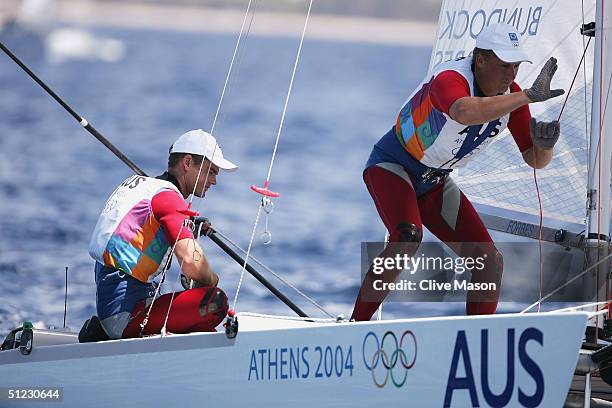 Darren Bundock and John Forbes of Australia in action in the open multihull tornado finals race on August 28, 2004 during the Athens 2004 Summer...